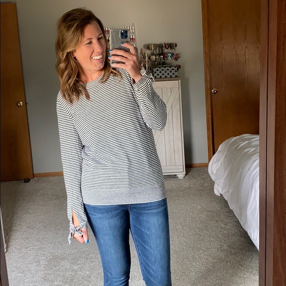 LOFT Sweaters - Loft Light Gray & Black Stripe Sweater